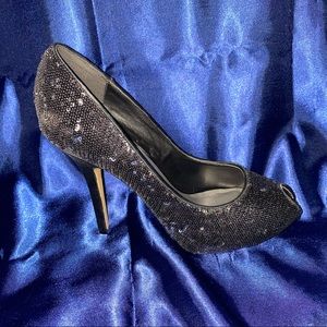 Black sequin heels with silver sequin detail